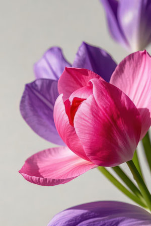 purple and pink tulips in vase on the white backgroundの素材
