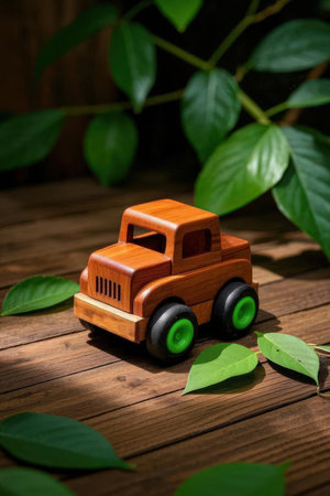 Wooden toy car with green leaves on wooden background, selective focusの素材