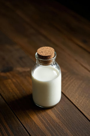 Milk in a glass bottle on a wooden table with copy spaceの素材