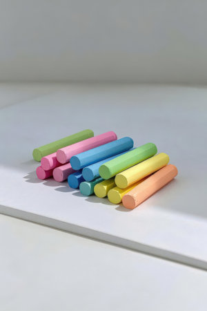 Colorful chalks on a white background. Selective focus.の素材
