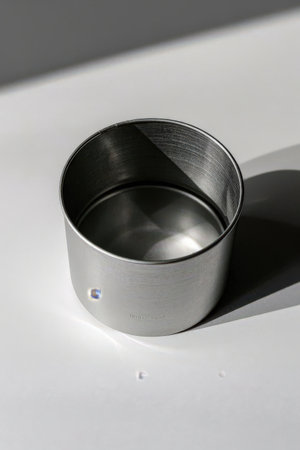 Stainless steel cup on white background with shadow and light.の素材