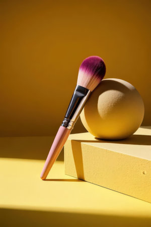 cosmetic branding, fashion blog cover and girly glamor concept - close up of make-up brush and golden ball on yellow backgroundの素材