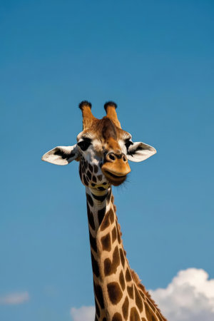 giraffe in the savannah of africa with blue skyの素材