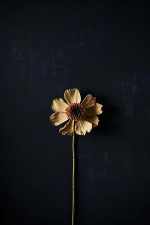 Dry flower on a dark blue background. Flat lay, top view.の素材
