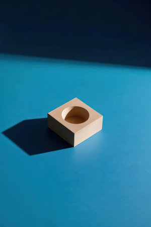 wooden cube on a blue background with a shadow from the sunの素材