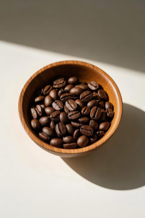Coffee beans in a wooden bowl on a white background.の素材