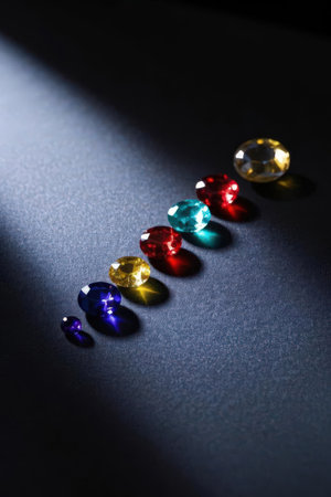 Colorful gemstones on a dark background. Shallow depth of fieldの素材