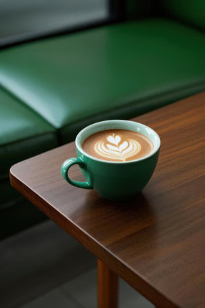 Cup of coffee with latte art on the wooden table.の素材