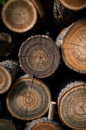 Close-up of a pile of firewood in the forest.の素材