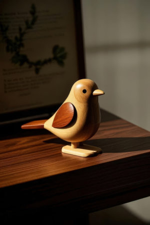 Wooden bird figurine on a wooden table. Selective focus.の素材