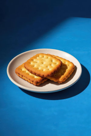Two crackers on a white plate on a blue background with hard shadowの素材