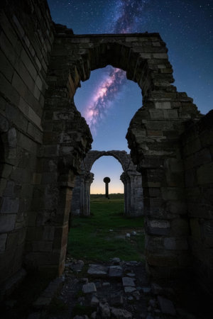 Starry sky over ruins of ancient abbey at night, Scotlandの素材