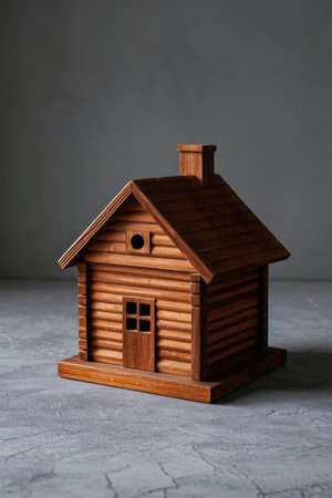 Wooden toy house on a gray background. Copy space for your text.の素材