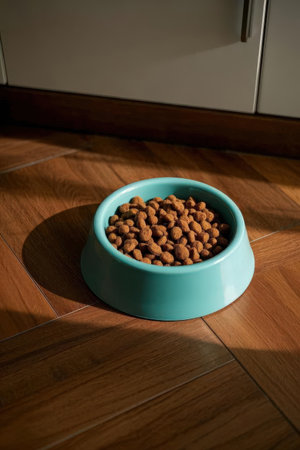 Dog food in a blue bowl on the floor in the kitchen.の素材