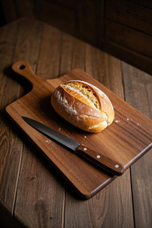 Fresh bread on a cutting board with a knife on a wooden tableの素材