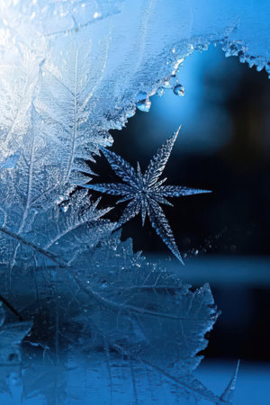 Frosty natural pattern on window glass close-up. Winter backgroundの素材