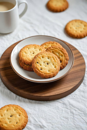 Chocolate chip cookies on a wooden plate with a cup of teaの素材