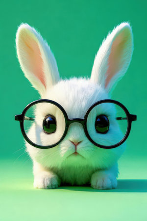Cute white rabbit wearing eyeglasses on a green background.の素材