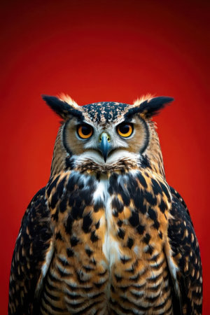 Portrait of an eagle owl on a red background, closeupの素材