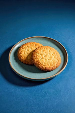 Two round cookies in a blue plate on a blue background. Toned.の素材