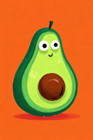 Avocado with funny face on orange background. Cute cartoon character.の素材