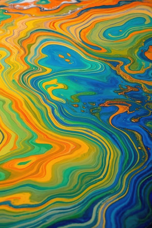 abstract background from the oil paint on a water surface in blue and orangeの素材