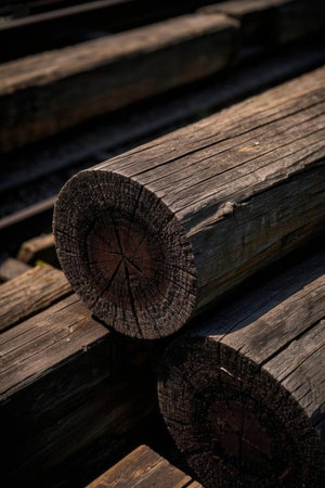 Wooden railway tracks in the evening light. Abstract background for design.の素材