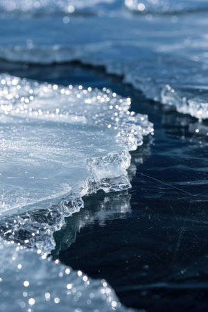 Ice texture on the frozen lake. Shallow depth of field.の素材