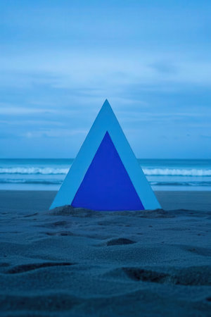 Blue pyramid on the beach in the evening with blue sky background.の素材