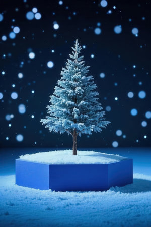 Snowy christmas tree on blue pedestal. 3d illustrationの素材