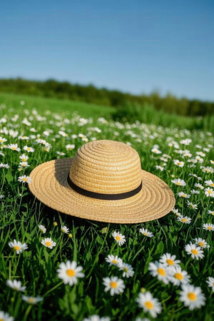 Summer straw hat on a green meadow with daisies.の素材