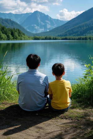father and son sitting on the shore of a mountain lake in summerの素材