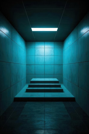 Blue underground corridor with stairs and neon light, 3d render illustrationの素材