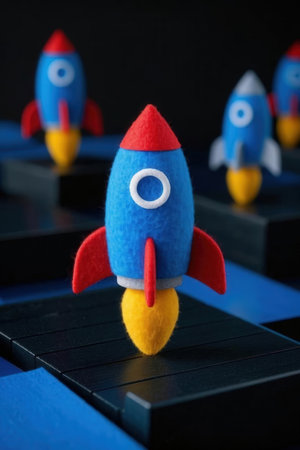Rocket made of plasticine on a dark background. Toy for children.の素材