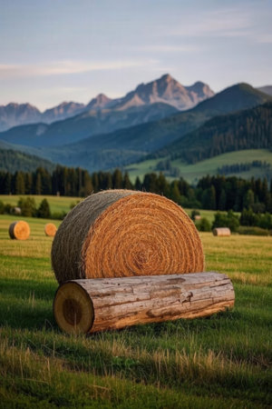 Straw bales on the meadow in Tatra mountains, Polandの素材