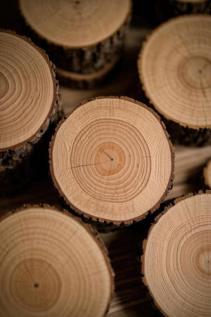 Wooden logs stacked in a pile as a background, close-upの素材