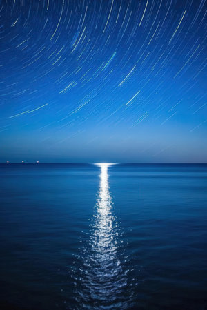 Night sky with stars and sea. Long exposure photo. Natural composition.の素材