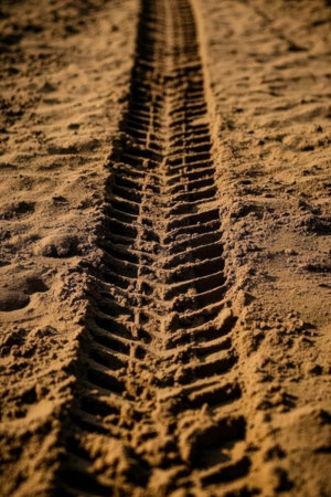 Wheel tracks on the sand. Selective focus. Shallow depth of field.の素材