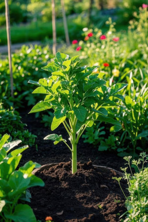 Potato plant in the garden. Growing vegetables in the garden.の素材