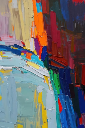 Painting close up of abstract colorful acrylic painting on canvas with brushstrokes of different colorsの素材