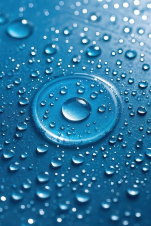Water drops on a blue metal background. Shallow depth of field.の素材