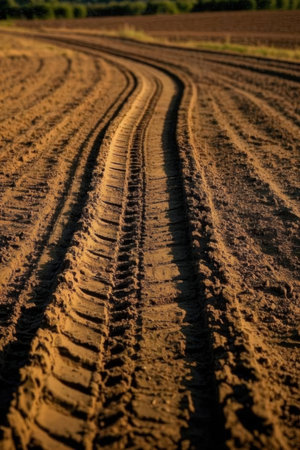 Wheel tracks on the soil in the field. Selective focus.の素材