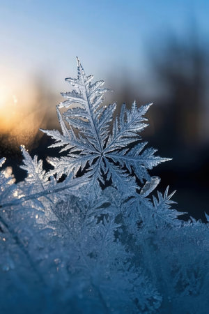 Frosty natural pattern on the window glass at sunset. Beautiful winter backgroundの素材