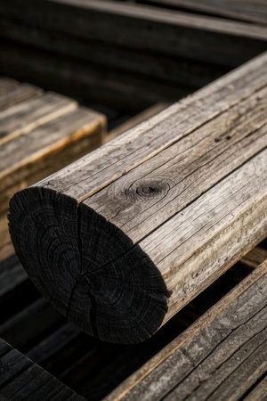 old wooden planks in a park, closeup of photo with selective focusの素材