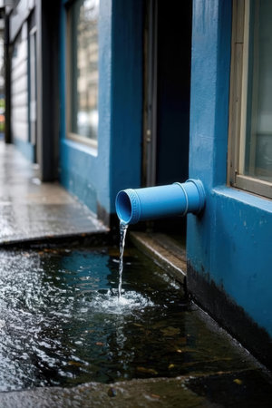 Water flows from a blue plastic drainpipe in a city street.の素材