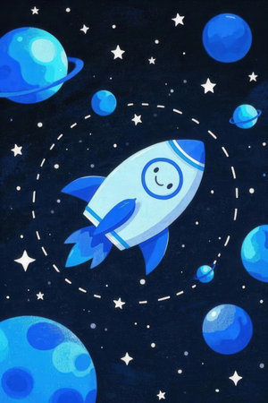 Cartoon rocket in space. Illustration for children's creativity.の素材