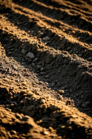 Ploughed field in spring, close-up. Agricultural backgroundの素材