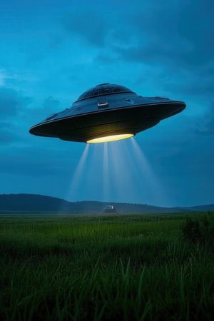 UFO flying over the green field. UFO flying in the skyの素材