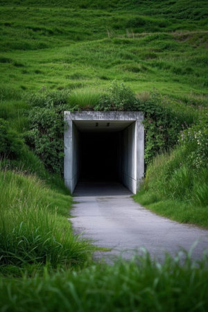 tunnel in the middle of a meadow with green grass.の素材