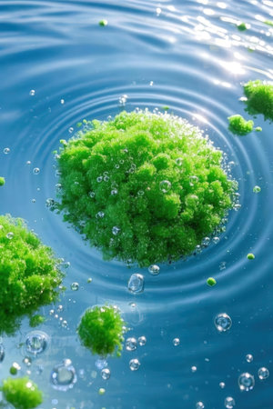 Green moss in water with bubbles on blue background. 3d illustrationの素材